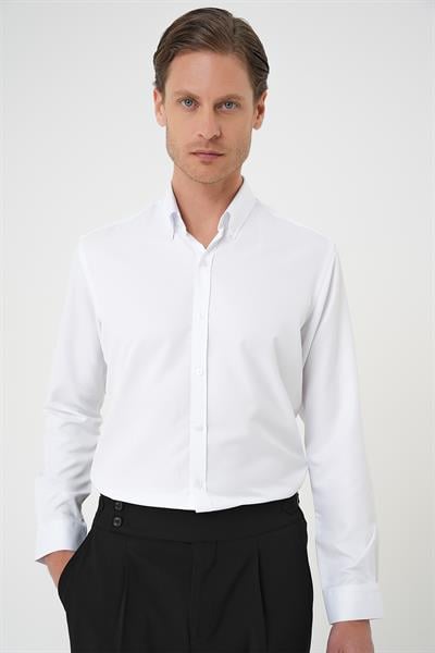 Slim Fit Düğmeli Yaka Pamuklu Klasik Beyaz Gömlek Gk 736