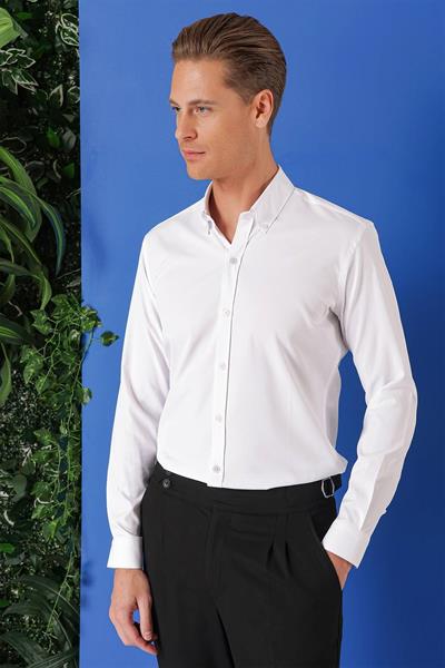 Slim Fit Düğmeli Yaka Pamuklu Klasik Beyaz Gömlek Gk 714