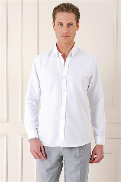 Slim Fit Düğmeli Yaka Pamuklu Klasik Beyaz Gömlek Gk 715