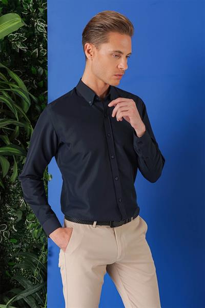 Slim Fit Düğmeli Yaka Esnek Pamuklu Lacivert Gömlek Gk 715
