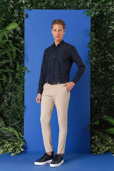 Slim Fit Düğmeli Yaka Esnek Pamuklu Lacivert Gömlek Gk 715
