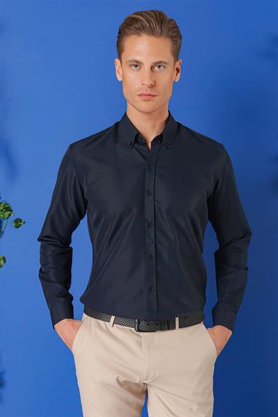 Slim Fit Düğmeli Yaka Pamuklu Klasik Lacivert Gömlek Gk 715