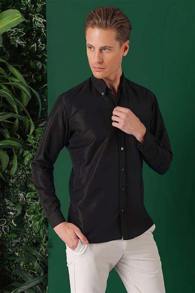 Slim Fit Düğmeli Yaka Esnek Pamuklu Siyah Gömlek Gk 715