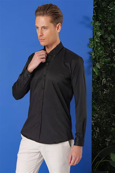 Slim Fit Düğmeli Yaka Esnek Pamuklu Siyah Gömlek Gk 714