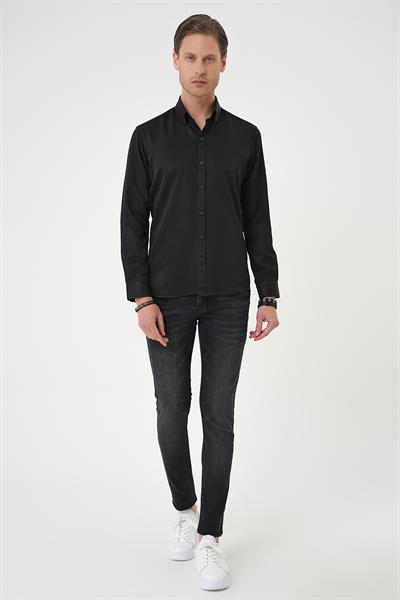 Slim Fit Düğmeli Yaka Pamuklu Klasik Siyah Gömlek Gk 736