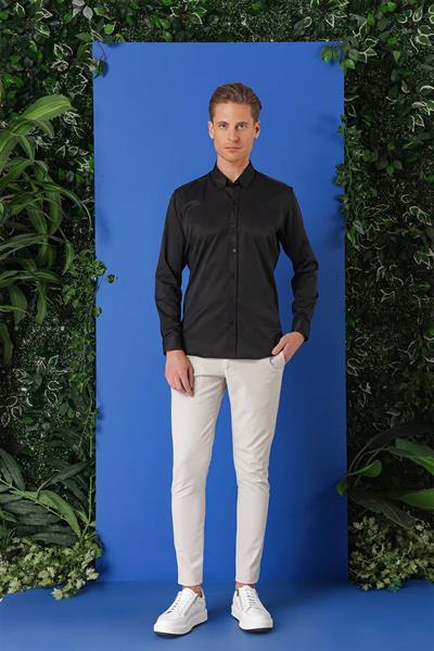 Slim Fit Düğmeli Yaka Esnek Pamuklu Siyah Gömlek Gk 714