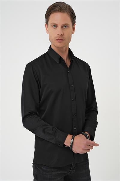 Slim Fit Düğmeli Yaka Pamuklu Siyah Gömlek Gk 736