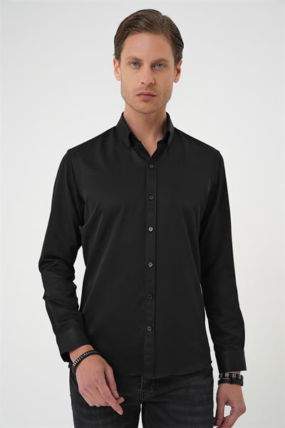 Slim Fit Düğmeli Yaka Pamuklu Siyah Gömlek Gk 736