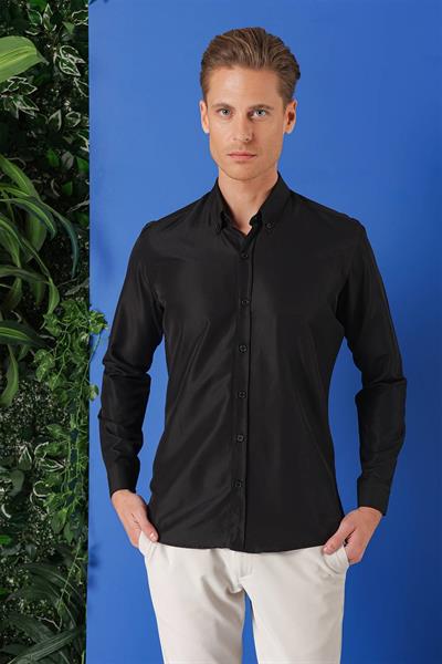 Slim Fit Düğmeli Yaka Esnek Pamuklu Siyah Gömlek Gk 715