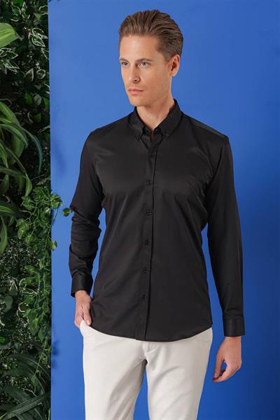 Slim Fit Düğmeli Yaka Esnek Pamuklu Siyah Gömlek Gk 714