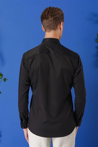 Slim Fit Düğmeli Yaka Esnek Pamuklu Siyah Gömlek Gk 714