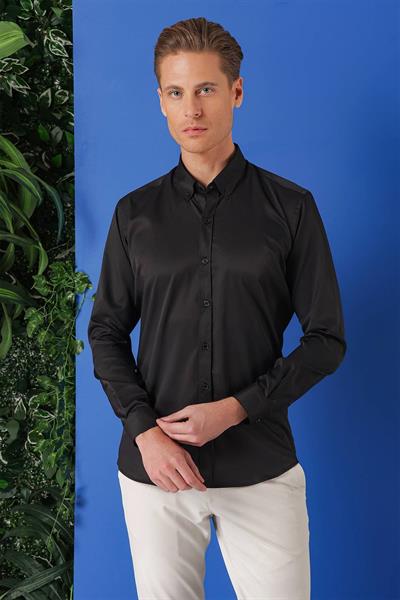 Slim Fit Düğmeli Yaka Esnek Pamuklu Siyah Gömlek Gk 714