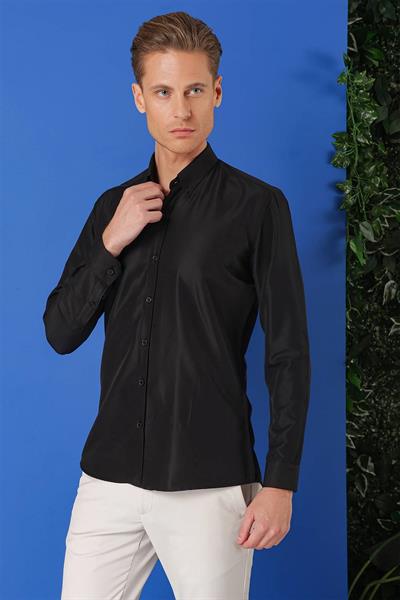 Slim Fit Düğmeli Yaka Esnek Pamuklu Siyah Gömlek Gk 715