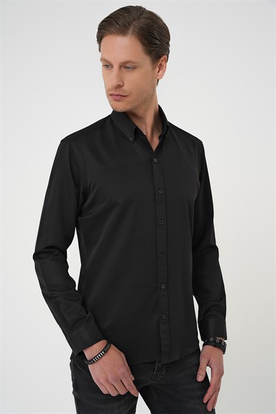 Slim Fit Düğmeli Yaka Pamuklu Siyah Gömlek Gk 736