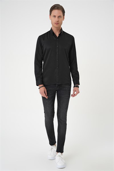 Slim Fit Düğmeli Yaka Pamuklu Siyah Gömlek Gk 736