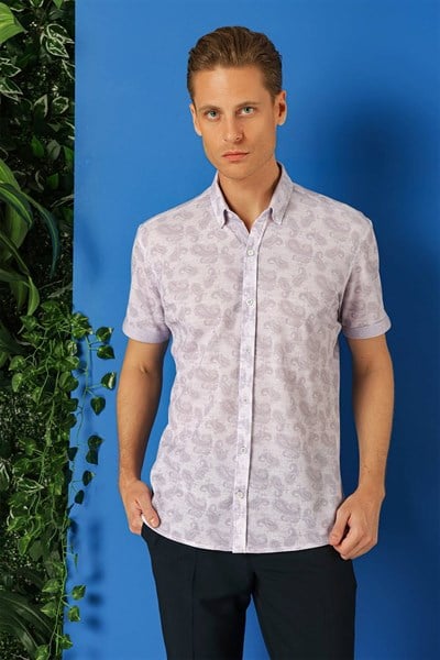 Slim Fit Düğmeli Yaka Şal Desenli Kısa Kollu Pamuk Lila Gömlek G 1501