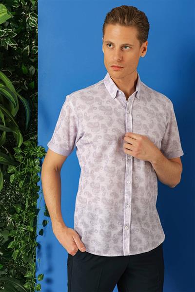Slim Fit Düğmeli Yaka Şal Desenli Kısa Kol Pamuk Lila Gömlek G 1501
