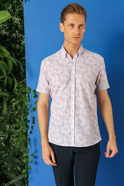 Slim Fit Düğmeli Yaka Şal Desenli Kısa Kollu Pamuk Lila Gömlek G 1501