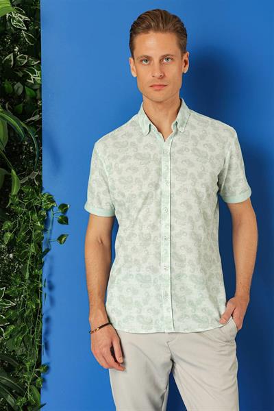 Slim Fit Düğmeli Yaka Şal Desenli Kısa Kollu Pamuk Nil Yeşili Gömlek G 1501