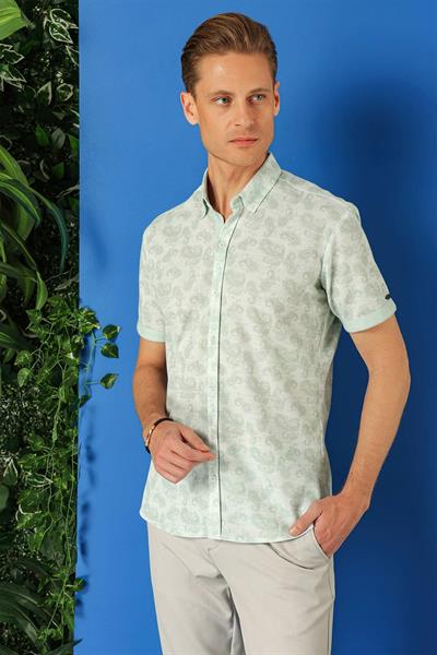 Slim Fit Düğmeli Yaka Şal Desenli Kısa Kol Pamuk Nil Yeşili Gömlek G 1501