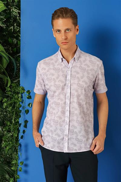 Slim Fit Düğmeli Yaka Şal Desenli Kısa Kollu Pamuk Lila Gömlek G 1501