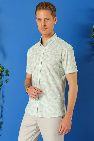 Slim Fit Düğmeli Yaka Şal Desenli Kısa Kollu Pamuk Nil Yeşili Gömlek G 1501