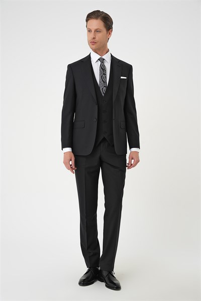 Slim Fit Düz Esnek Yelekli Klasik Siyah Takım Elbise Tk 894
