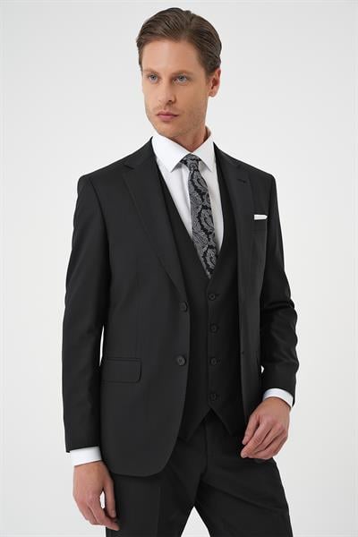 Slim Fit Düz Esnek Yelekli Klasik Siyah Takım Elbise Tk 894
