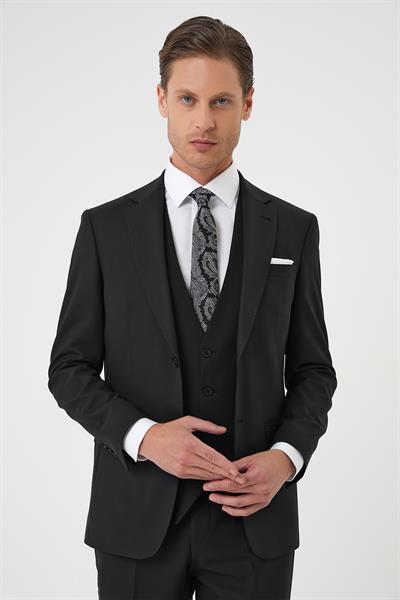 Slim Fit Düz Esnek Yelekli Klasik Siyah Takım Elbise Tk 894