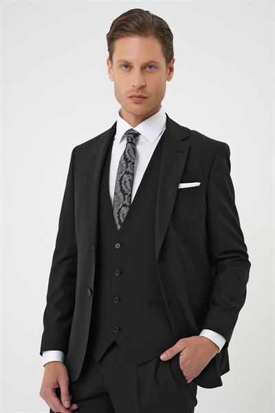 Slim Fit Düz Esnek Yelekli Klasik Siyah Takım Elbise Tk 894