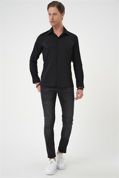 Slim Fit Erkek Yaka Esnek Pamuk Klasik Beyaz Siyah Gömlek Gk 737