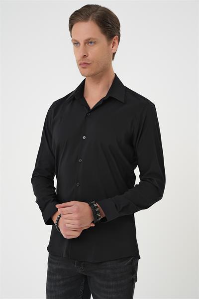 Slim Fit Erkek Yaka Esnek Pamuk Klasik Beyaz Siyah Gömlek Gk 737