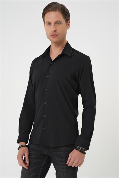 Slim Fit Erkek Yaka Esnek Pamuk Klasik Beyaz Siyah Gömlek Gk 737
