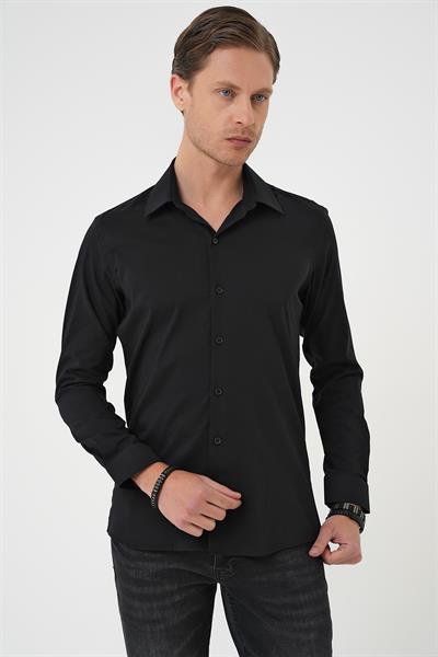 Slim Fit Erkek Yaka Esnek Pamuk Klasik Beyaz Siyah Gömlek Gk 737