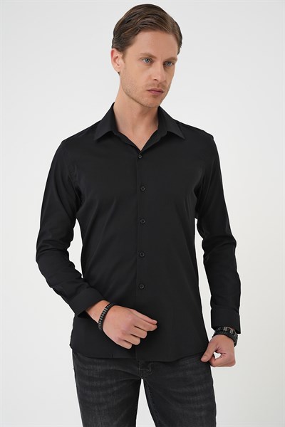 Slim Fit Erkek Yaka Esnek Pamuk Klasik Beyaz Siyah Gömlek Gk 737
