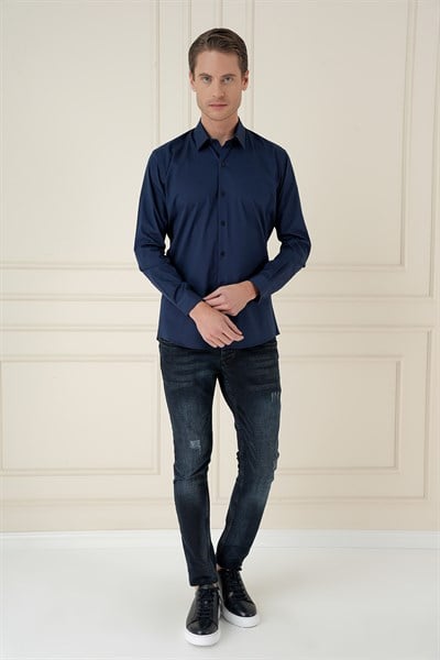 Slim Fit Erkek Yaka Esnek Pamuk Uzun Kol Lacivert Gömlek GK 745