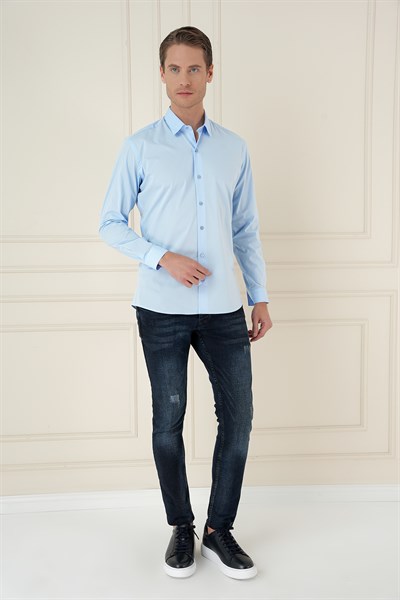 Slim Fit Erkek Yaka Esnek Pamuk Uzun Kol Mavi Gömlek GK 745
