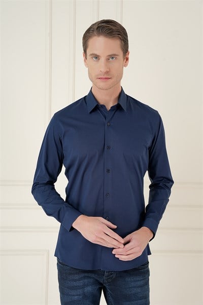 Slim Fit Erkek Yaka Esnek Pamuk Uzun Kol Lacivert Gömlek GK 745