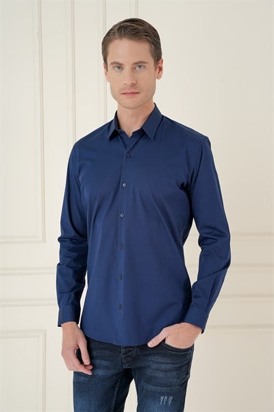 Slim Fit Erkek Yaka Esnek Pamuk Uzun Kol Lacivert Gömlek GK 745