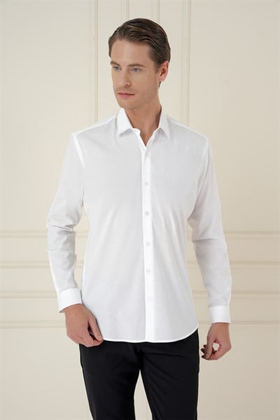 Slim Fit Erkek Yaka Esnek Pamuk Uzun Kol Beyaz Gömlek GK 745