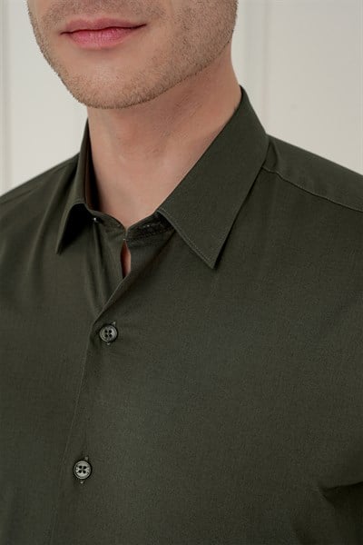Slim Fit Erkek Yaka Esnek Pamuk Uzun Kol Haki Gömlek GK 745