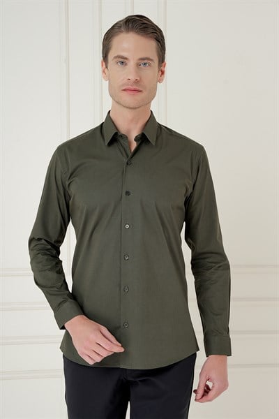 Slim Fit Erkek Yaka Esnek Pamuk Uzun Kol Haki Gömlek GK 745