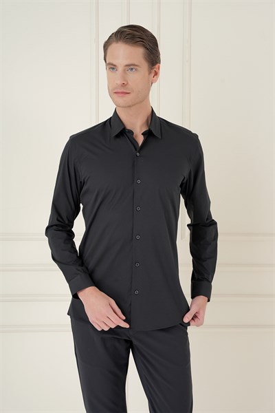 Slim Fit Erkek Yaka Esnek Pamuk Uzun Kol Siyah Gömlek GK 745