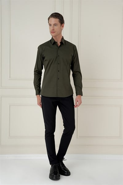 Slim Fit Erkek Yaka Esnek Pamuk Uzun Kol Haki Gömlek GK 745