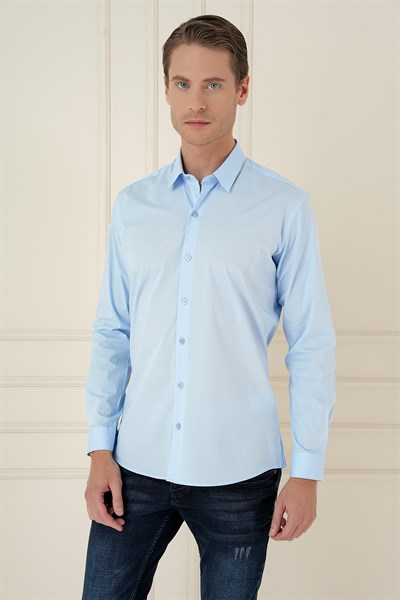 Slim Fit Erkek Yaka Esnek Pamuk Uzun Kol Mavi Gömlek GK 745