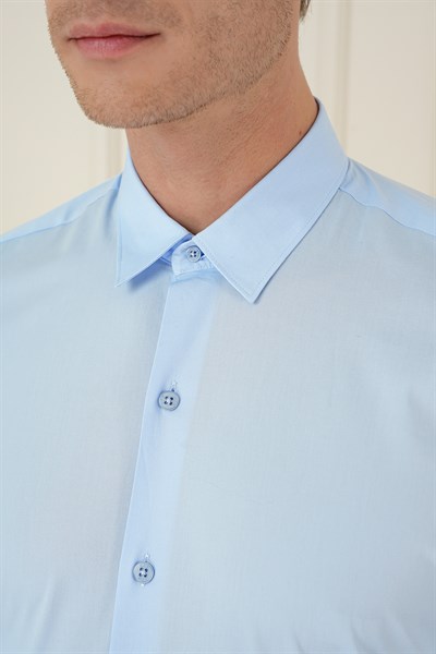 Slim Fit Erkek Yaka Esnek Pamuk Uzun Kol Mavi Gömlek GK 745