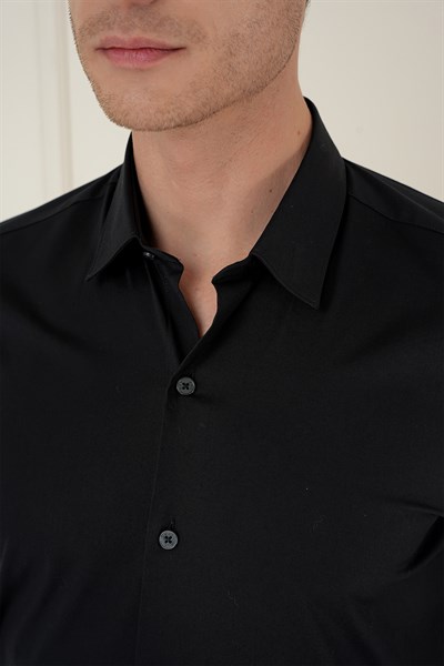 Slim Fit Erkek Yaka Esnek Pamuk Uzun Kol Siyah Gömlek GK 745