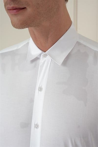 Slim Fit Erkek Yaka Esnek Pamuk Uzun Kol Beyaz Gömlek GK 745