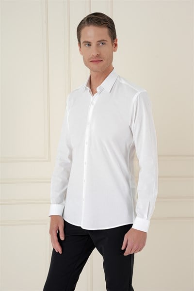 Slim Fit Erkek Yaka Esnek Pamuk Uzun Kol Beyaz Gömlek GK 745