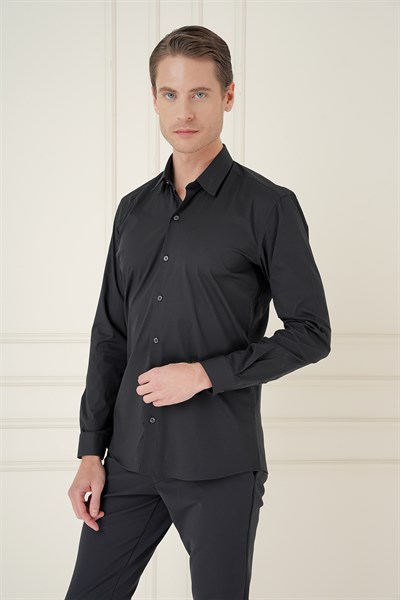 Slim Fit Erkek Yaka Esnek Pamuk Uzun Kol Siyah Gömlek GK 745